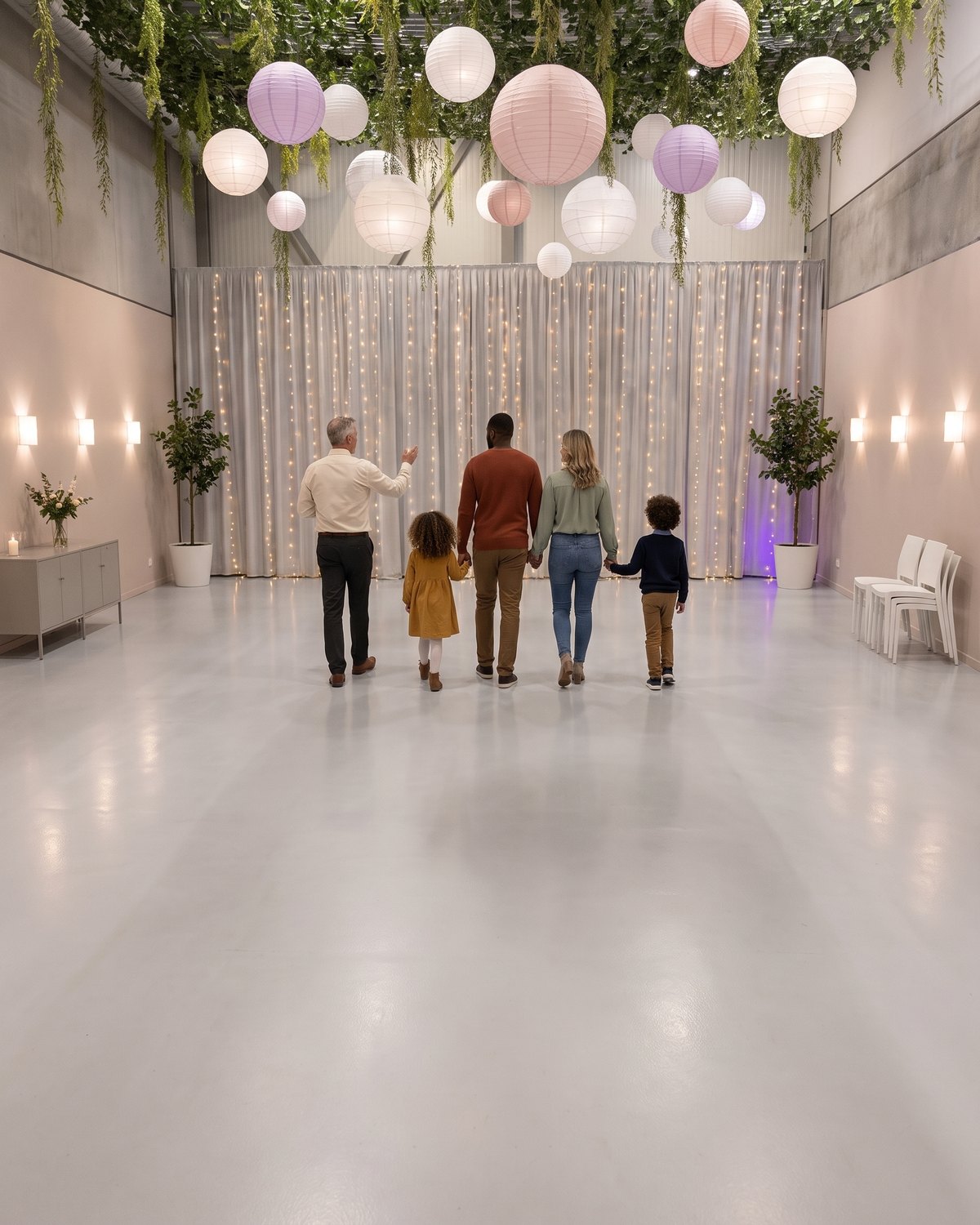 Een gezin loopt samen met de gastheer de lege zaal van Top Feestzaal in