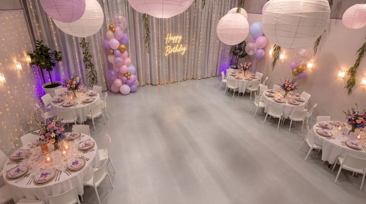 Ruim overzicht van de zaal van Top Feestzaal in Rotterdam Nesselande, ingericht voor een verjaardagsfeest met ronde tafels, ballonnen en dansvloer