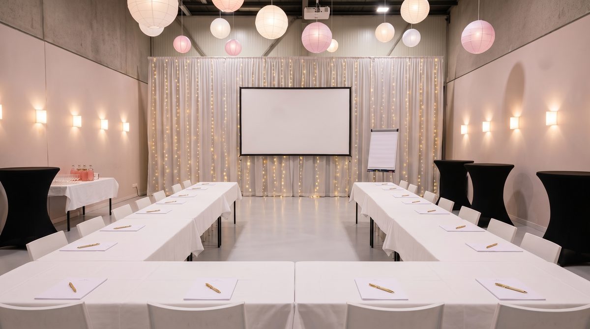 Ruime U-vormopstelling met blanco scherm en flipover voor een training in Top Feestzaal