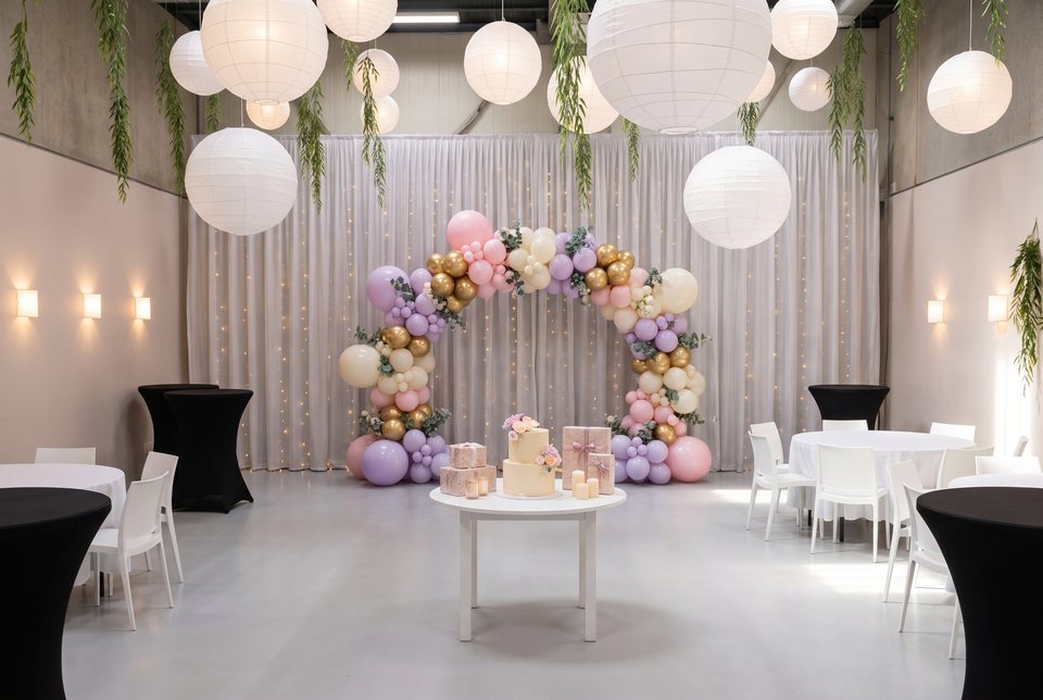 Ballonnenboog in roze, lila en goud met een taarttafel in Top Feestzaal