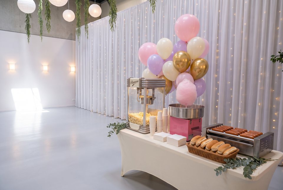 Popcornmachine en suikerspinmachine klaar voor gebruik in Top Feestzaal