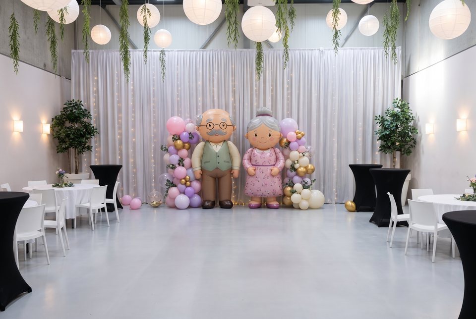 Grote opblaaspop van Sarah naast een ballonnenpilaar in Top Feestzaal