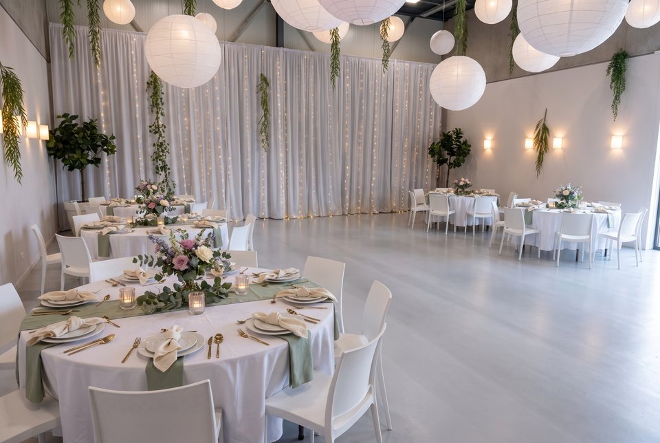 Ronde tafels gedekt met witte kleden, groene lopers en bloemen in Top Feestzaal