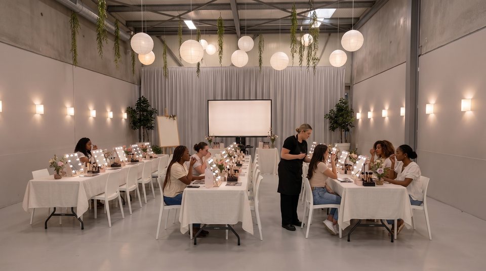 Make-upworkshop met verlichte spiegels aan lange tafels in Top Feestzaal
