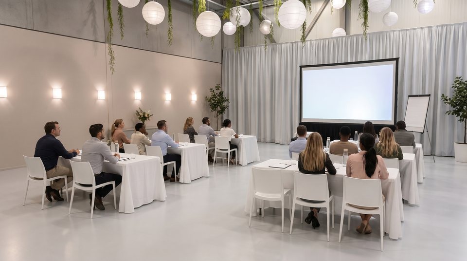 Cursusopstelling met drie rijen tafels naar een scherm in de zaal van Top Feestzaal