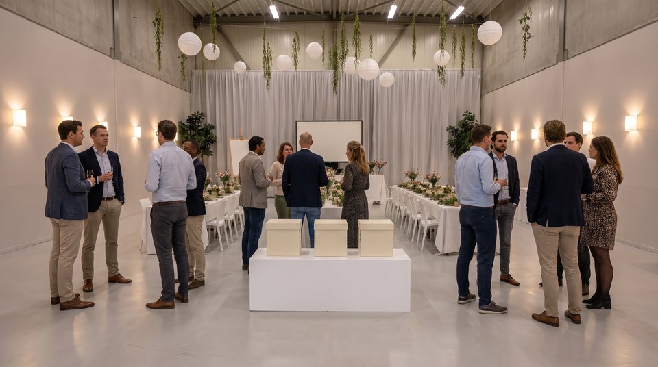 Productlancering met een laag presentatiepodium in de zaal van Top Feestzaal
