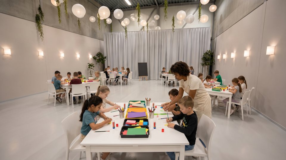 Creatieve kinderworkshop aan witte tafels in de zaal van Top Feestzaal