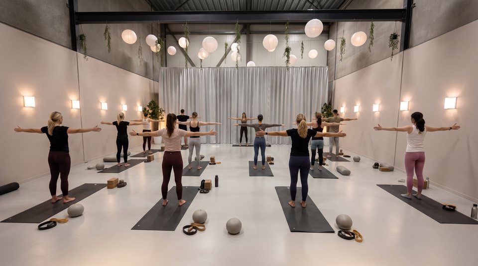 Pilatesles op matten in de ruime lichte zaal van Top Feestzaal in Rotterdam Nesselande