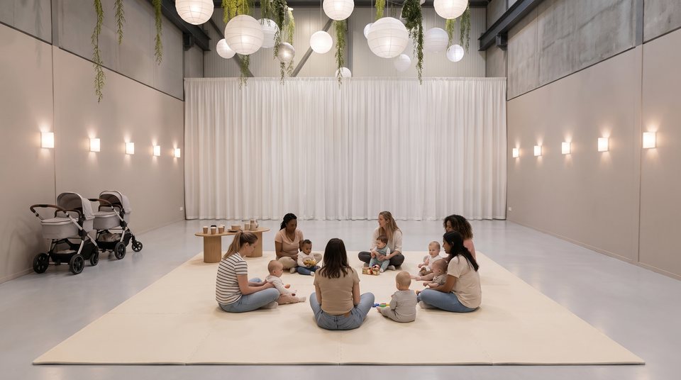 Moeder- en babybijeenkomst in een kring op een speelkleed in Top Feestzaal