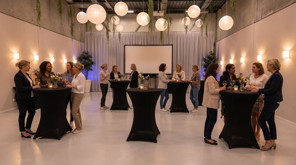 Netwerkborrel met zwarte statafels en kaarslicht in de zaal van Top Feestzaal