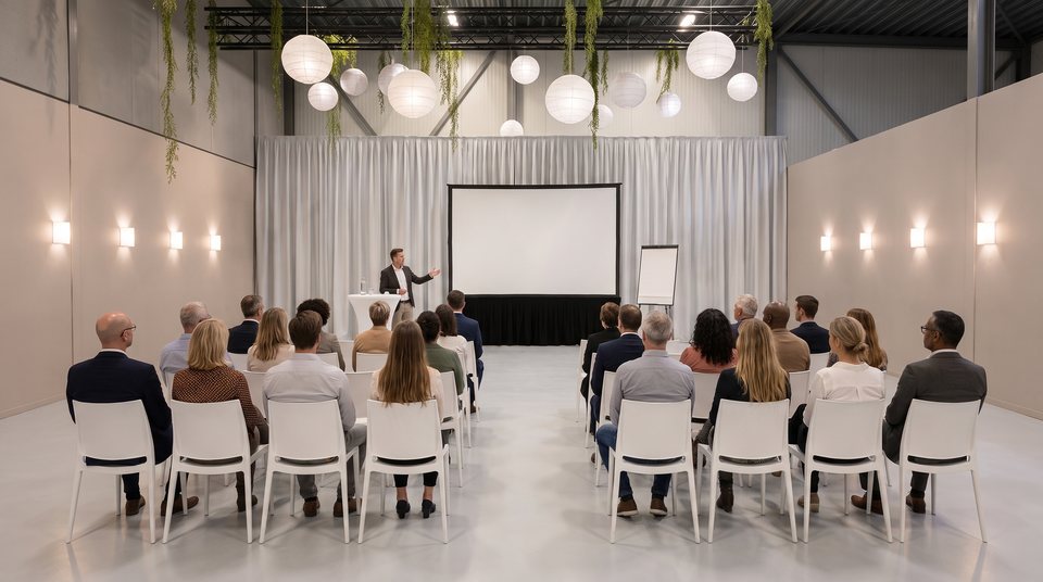 Presentatie met rijen witte stoelen en een spreker naast een blanco scherm in Top Feestzaal