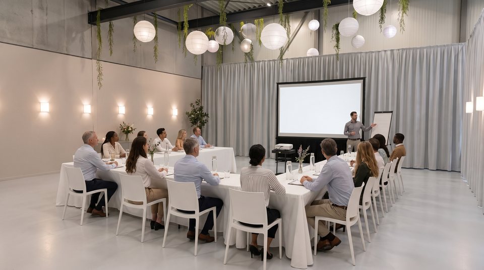 Bedrijfstraining in de zaal van Top Feestzaal met een U-opstelling, beamer en trainer bij de flipover