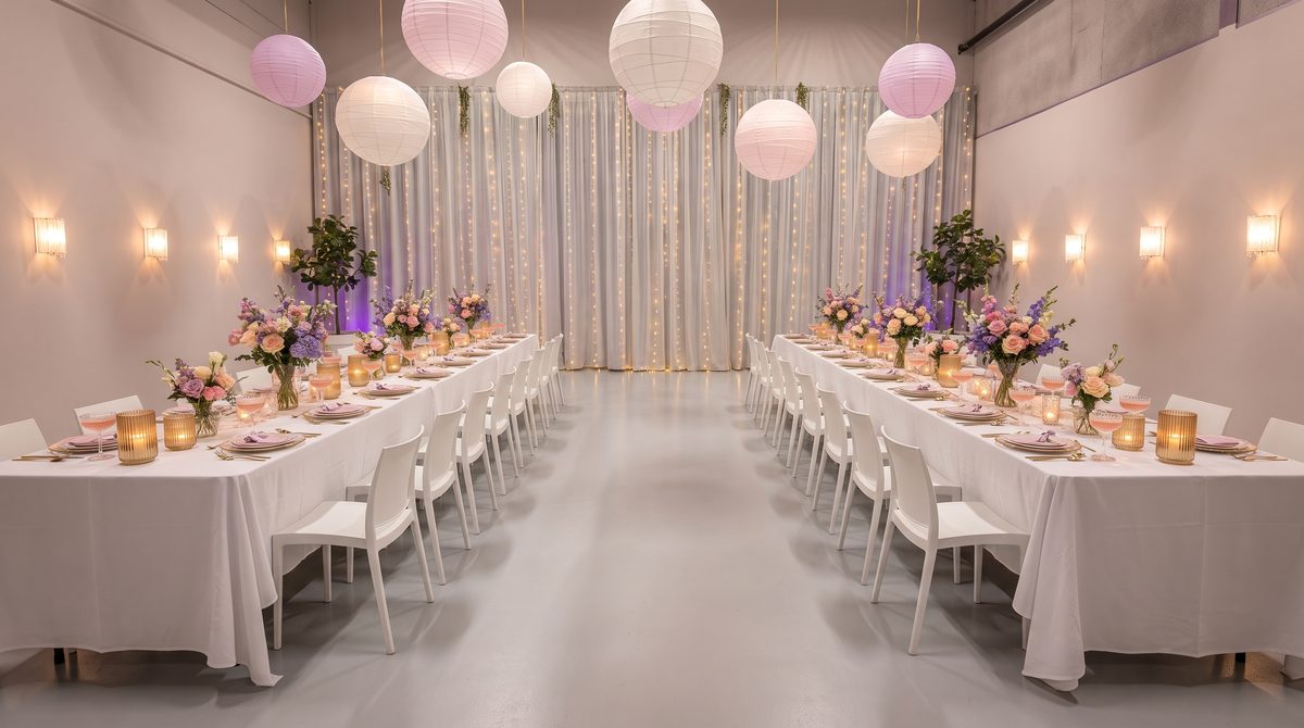 De zaal van Top Feestzaal ingericht voor een diner met twee lange tafels, kaarslicht en bloemen