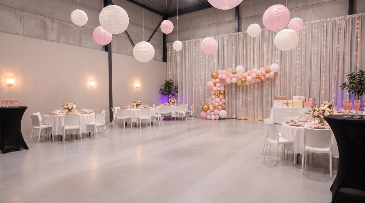 De zaal ingericht voor een babyshower met ballonboog en ronde tafels