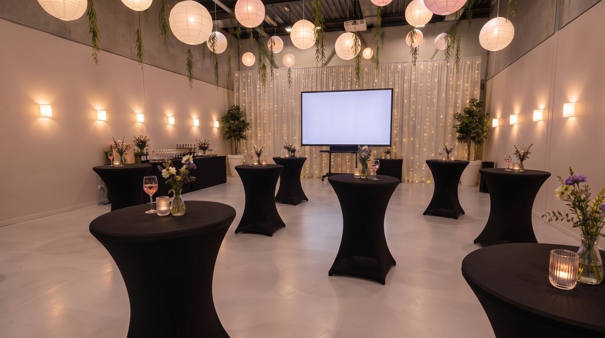 Ruim overzicht van de zaal met zwarte statafels en scherm, ingericht voor een zakelijke borrel