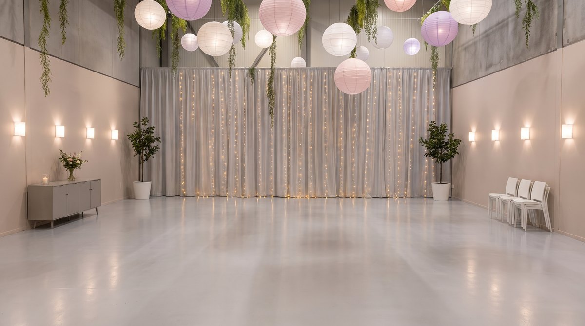 De lege zaal van ca. 150 m2 van Top Feestzaal, met lampionnen, een lichtgordijn aan de achterwand en vrije vloer