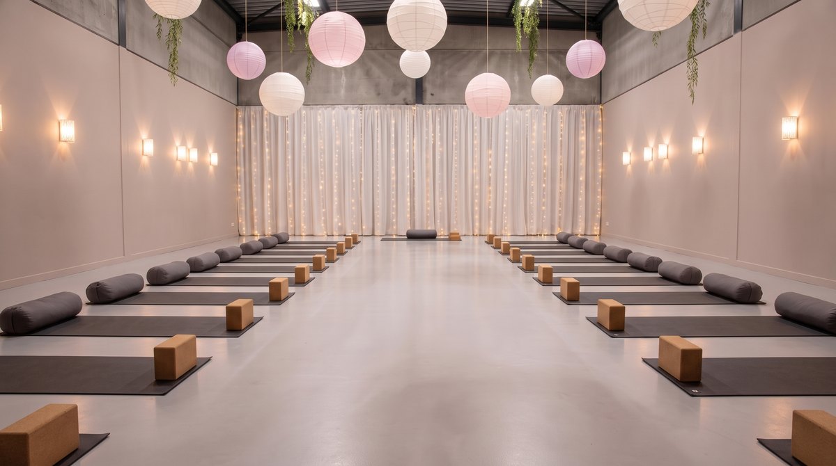De zaal met twee rijen yogamatten, bolsters en kurkblokken klaar voor een les