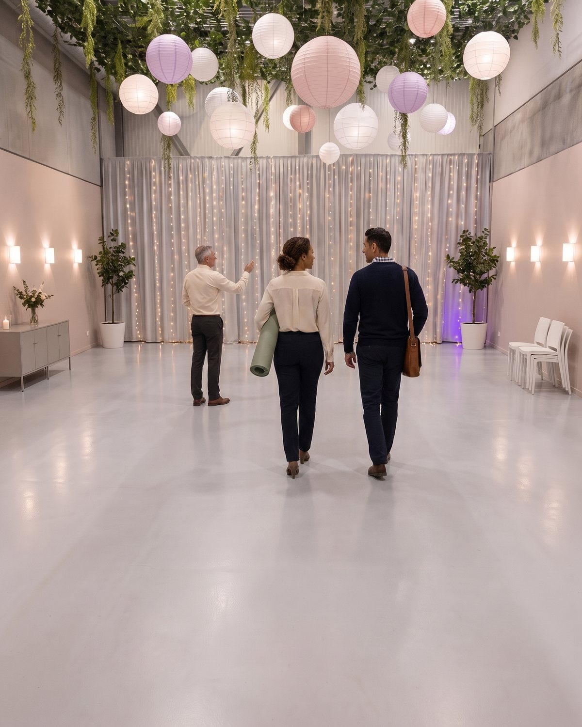 Twee professionals bekijken samen met de gastheer de lege zaal van Top Feestzaal