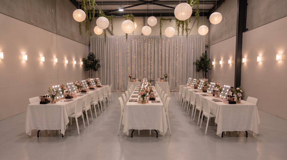 Lange tafels met verlichte make-up spiegels klaar voor een beautyworkshop in de zaal