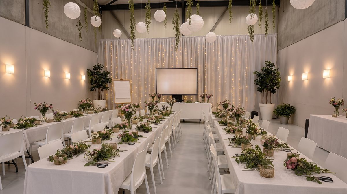 De zaal van Top Feestzaal ingericht voor een workshop met lange witte tafels, bloemen en groen
