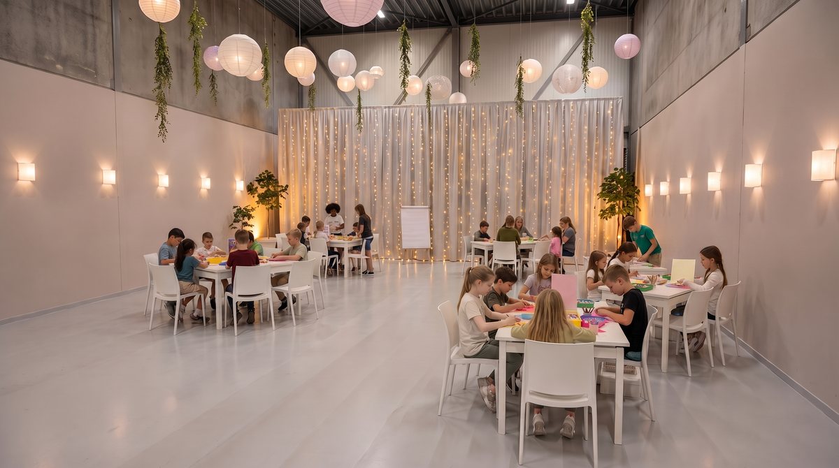Kinderen knutselen aan witte tafels tijdens een kinderworkshop in de zaal