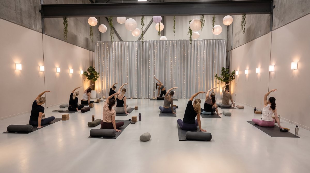 Yogales in de zaal van Top Feestzaal in Rotterdam Nesselande, deelnemers op matten in de ruime lichte zaal
