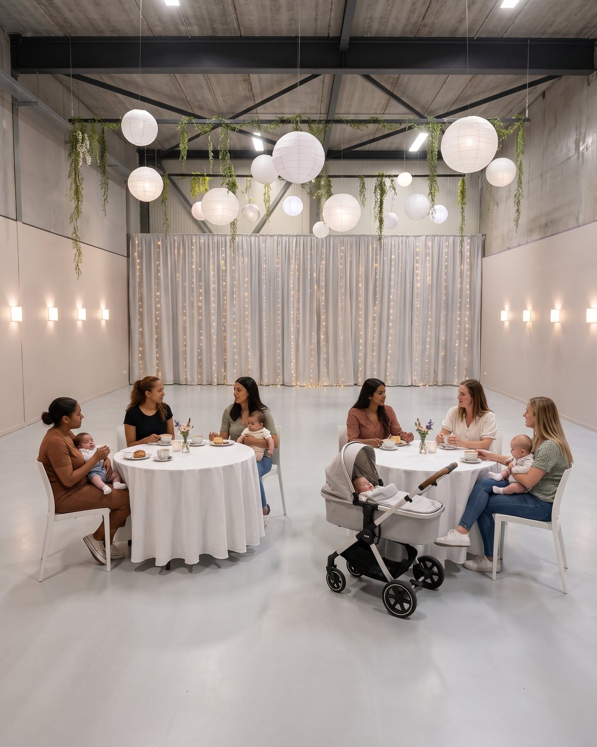 Moeder- en babybijeenkomst aan ronde tafels met koffie in Top Feestzaal