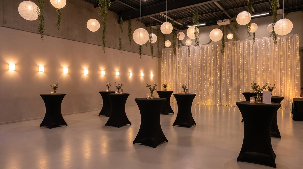 De zaal van Top Feestzaal met zwarte statafels en kaarslicht, ingericht voor een netwerkbijeenkomst