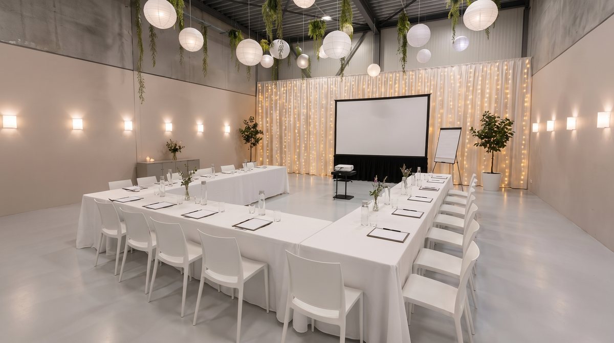 Witte U-vormopstelling met notitieblokken en waterflessen voor een bedrijfstraining in Top Feestzaal