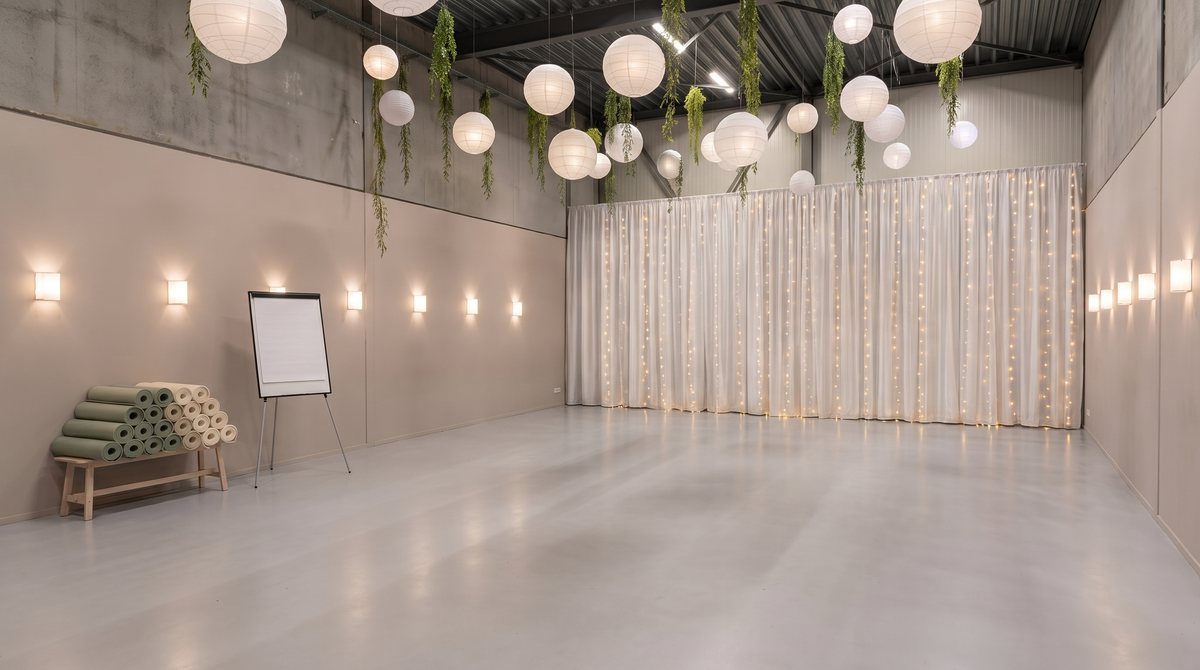 De lege zaal van ca. 150 m2 van Top Feestzaal, klaar om in te richten voor een les of training